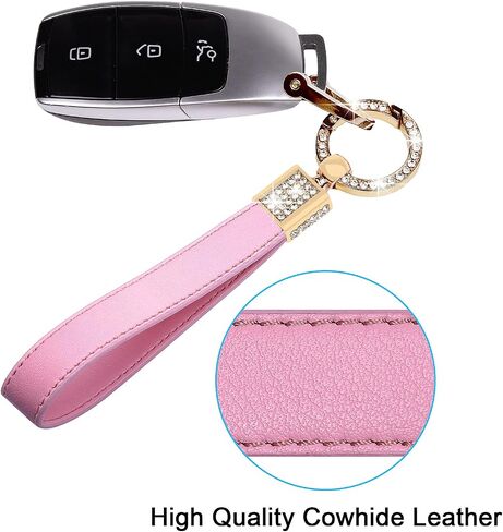 Wisdompro Geunine Leather Car Keychain, Universal Bling Key FOB Keychain Holder Leather Key Chains Women for Car Keys with Anti-lost D Ring, 2 Key Rings, 360 Degree Rotatable - Pink in Saudi Arabia