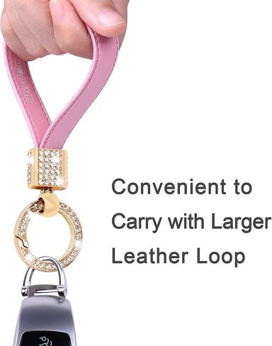 Wisdompro Geunine Leather Car Keychain, Universal Bling Key FOB Keychain Holder Leather Key Chains Women for Car Keys with Anti-lost D Ring, 2 Key Rings, 360 Degree Rotatable - Pink in Saudi Arabia
