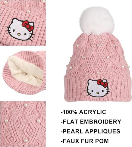 Bioworld Hello Kitty Pink Knit with Faux Fur Pom Cuff Beanie in Saudi Arabia