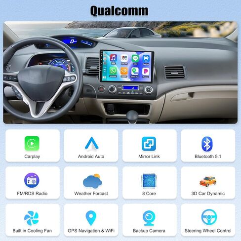 راديو ستيريو للسيارة Android 13 لسيارة Honda Civic 2006-2011، راديو سيارة Android مع CarPlay Android Auto، شاشة لمس 10.1 بوصة راديو السيارة يدعم البلوتوث، GPS، HiFi، FM&AM، RDS، DSP، SWC + كاميرا احتياطية AHD in Kuwait