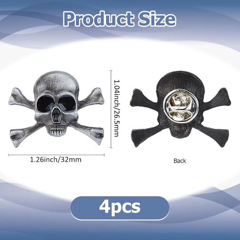 SUPERFINDINGS 4 قطع بروش جمجمة قوطية نمط فاسق هيكل عظمي بروش جمجمة وعظمتين متقاطعتين هيكل عظمي بروش سبيكة جمجمة شارة دبوس أزياء الهالوين ديكور للرجال والنساء معطف من القماش in Saudi Arabia