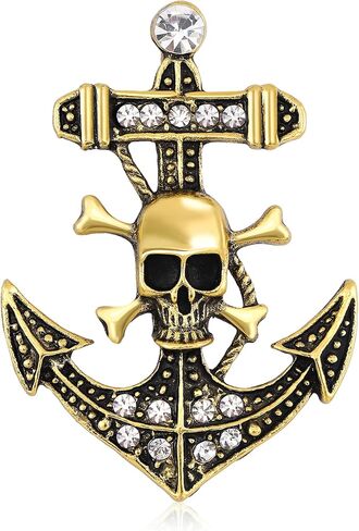 Skull Crossbones Anchor Nautical Sparkly Brooch Pin For Women Men Punk Vintage Statement Bold Goth Style Gold Silver Colors in Saudi Arabia