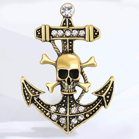 Skull Crossbones Anchor Nautical Sparkly Brooch Pin For Women Men Punk Vintage Statement Bold Goth Style Gold Silver Colors in Saudi Arabia