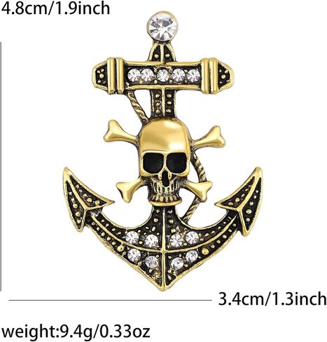 Skull Crossbones Anchor Nautical Sparkly Brooch Pin For Women Men Punk Vintage Statement Bold Goth Style Gold Silver Colors in Saudi Arabia