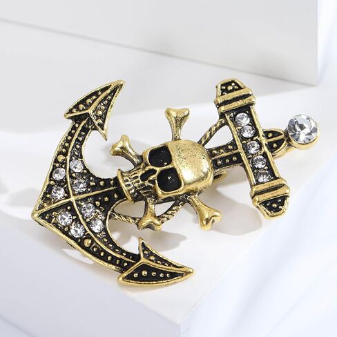 Skull Crossbones Anchor Nautical Sparkly Brooch Pin For Women Men Punk Vintage Statement Bold Goth Style Gold Silver Colors in Saudi Arabia
