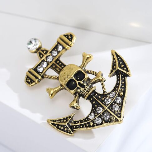 Skull Crossbones Anchor Nautical Sparkly Brooch Pin For Women Men Punk Vintage Statement Bold Goth Style Gold Silver Colors in Saudi Arabia