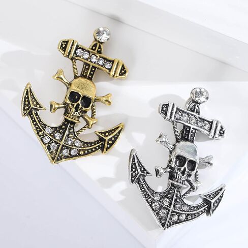 Skull Crossbones Anchor Nautical Sparkly Brooch Pin For Women Men Punk Vintage Statement Bold Goth Style Gold Silver Colors in Saudi Arabia