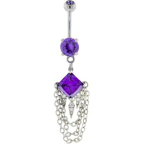 Pierced Owl 14GA Diamond Shaped Gem with Dangling Spikes and Chains Belly Button Ring in Kuwait