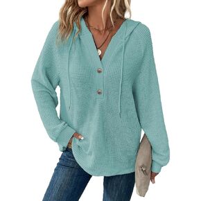 Dokotoo Hoodies for Women Waffle Knit Long Sleeve Drawstring Button V Neck Casual Pullover Sweatshirt Hooded Tops in Saudi Arabia