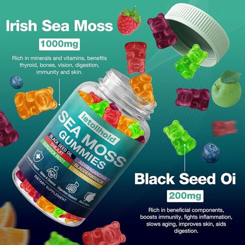 Sea Moss Gummies - Irish Sea Moss Gummies Advanced for Adults with Ashwagandha Bladderwrack & Burdock Root for Supports Immune，Energy - 60 Vegan Gummy,2PCS in Saudi Arabia