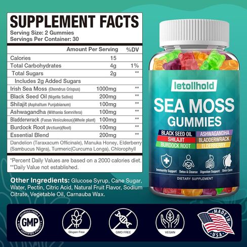 Sea Moss Gummies - Irish Sea Moss Gummies Advanced for Adults with Ashwagandha Bladderwrack & Burdock Root for Supports Immune，Energy - 60 Vegan Gummy,2PCS in Saudi Arabia