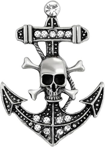 Skull Crossbones Anchor Nautical Sparkly Brooch Pin For Women Men Punk Vintage Statement Bold Goth Style Gold Silver Colors in Kuwait