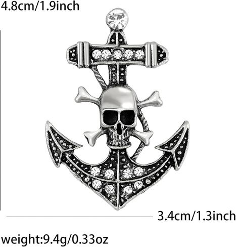 Skull Crossbones Anchor Nautical Sparkly Brooch Pin For Women Men Punk Vintage Statement Bold Goth Style Gold Silver Colors in Kuwait