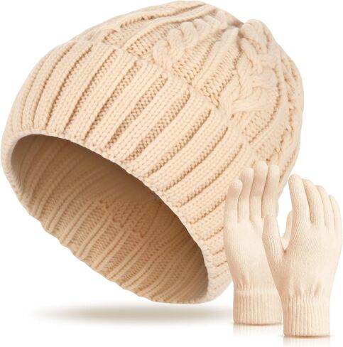 Sintege Winter Beanie Hat Gloves Set Soft Knitted Lined Hat Stretchy Gloves Warm Cap Gifts for Women Men in Saudi Arabia