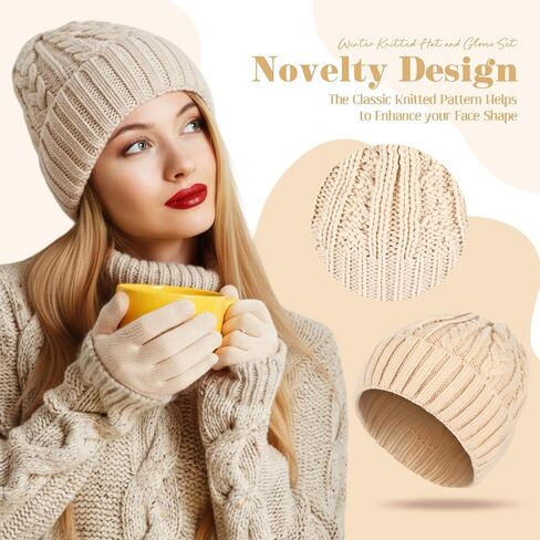 Sintege Winter Beanie Hat Gloves Set Soft Knitted Lined Hat Stretchy Gloves Warm Cap Gifts for Women Men in Saudi Arabia