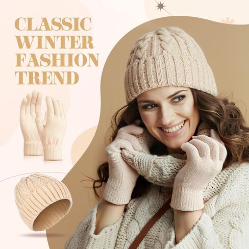 Sintege Winter Beanie Hat Gloves Set Soft Knitted Lined Hat Stretchy Gloves Warm Cap Gifts for Women Men in Saudi Arabia