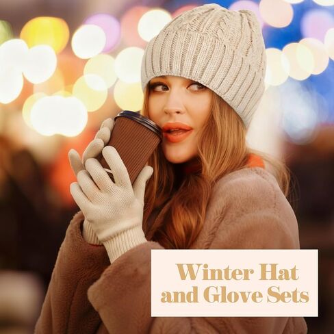Sintege Winter Beanie Hat Gloves Set Soft Knitted Lined Hat Stretchy Gloves Warm Cap Gifts for Women Men in Saudi Arabia