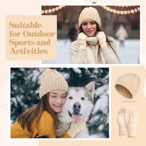 Sintege Winter Beanie Hat Gloves Set Soft Knitted Lined Hat Stretchy Gloves Warm Cap Gifts for Women Men in Saudi Arabia