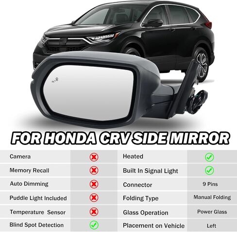 Passenger Side Mirror Compatible With 2017-2022 Honda CRV EX EX-L Touring Mirrors With Heated Blind Spot Turn Signal Power Glass Manual Folding White Replace# 76201T1WA01ZF(9Pins) in Saudi Arabia