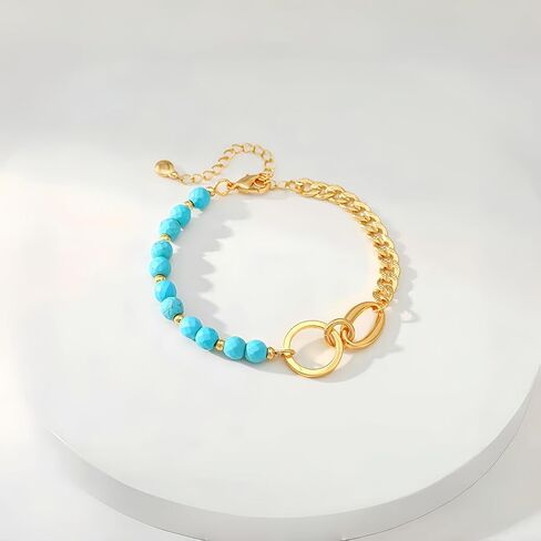 Turquoise Bracelet 18K Gold plated for Women - Natural Stone Stackable Beads Adjustable Spiritual Jewelry Luxury Gift in Saudi Arabia