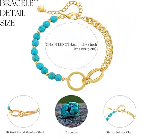 Turquoise Bracelet 18K Gold plated for Women - Natural Stone Stackable Beads Adjustable Spiritual Jewelry Luxury Gift in Saudi Arabia