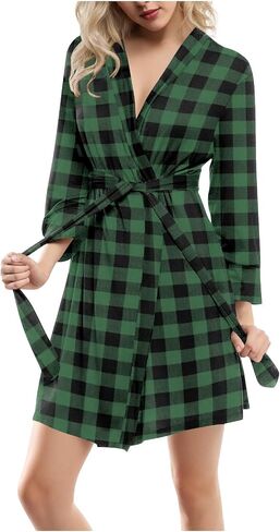 Robe for Women Plaid Long Sleeve Lightweight Spa Knee Length Bathrobe with Belt Color Block Soft Fashion Loungewear in Saudi Arabia