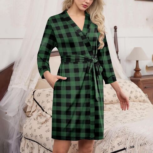 Robe for Women Plaid Long Sleeve Lightweight Spa Knee Length Bathrobe with Belt Color Block Soft Fashion Loungewear in Saudi Arabia