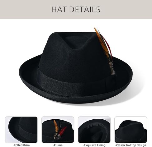 قبعة فيدورا من الصوف الأسود للرجال ذات حافة واسعة ورأى قبعات فيدورا للرجال قبعات تريلبي مع قبعات ملفوفة كلاسيكية بنما in Kuwait