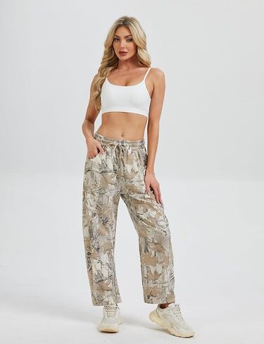 بنطال رياضي نسائي واسع الساق، سروال Palazzo فضفاض، سروال رياضي برباط مطاطي مع جيوب in Kuwait