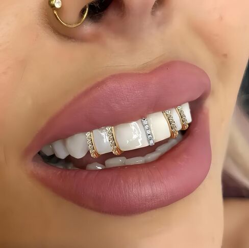 قطعة واحدة عمودي شريط الذهب غطاء الأسنان Grillz مع زركونيا مكعب 3 قطعة 5 قطعة مجموعة قابل للتعديل تناسب الأزياء مجوهرات الأسنان للنساء الرجال الهيب هوب الأحداث in Saudi Arabia