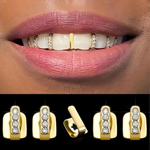 قطعة واحدة عمودي شريط الذهب غطاء الأسنان Grillz مع زركونيا مكعب 3 قطعة 5 قطعة مجموعة قابل للتعديل تناسب الأزياء مجوهرات الأسنان للنساء الرجال الهيب هوب الأحداث in Saudi Arabia