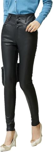 Womens Solid Skinny Leather Pants High Waist Office Sheepskin Pencil Trousers with Pockets in Saudi Arabia
