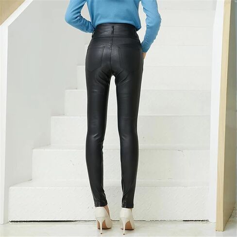 Womens Solid Skinny Leather Pants High Waist Office Sheepskin Pencil Trousers with Pockets in Saudi Arabia