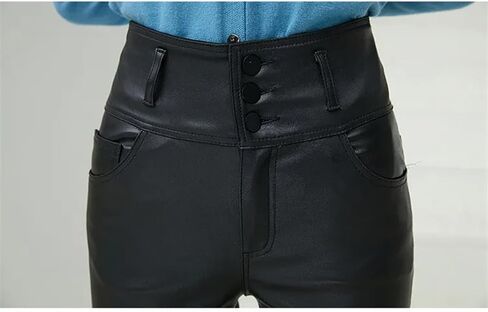 Womens Solid Skinny Leather Pants High Waist Office Sheepskin Pencil Trousers with Pockets in Saudi Arabia