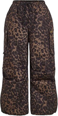 Verdusa Women's Plus Size Leopard Print Cargo Pants Drawstring High Waisted Wide Leg Baggy Trousers in Saudi Arabia