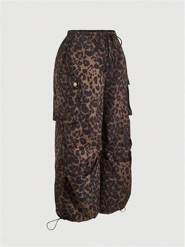 Verdusa Women's Plus Size Leopard Print Cargo Pants Drawstring High Waisted Wide Leg Baggy Trousers in Saudi Arabia