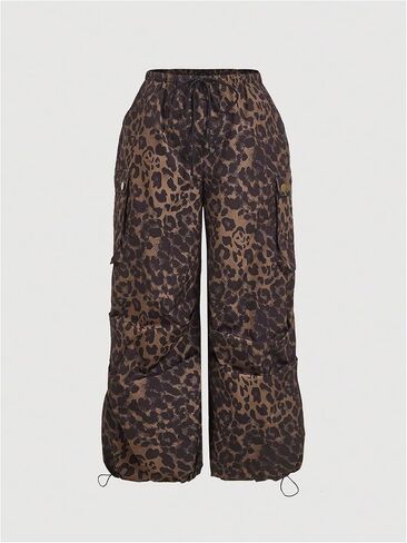 Verdusa Women's Plus Size Leopard Print Cargo Pants Drawstring High Waisted Wide Leg Baggy Trousers in Saudi Arabia