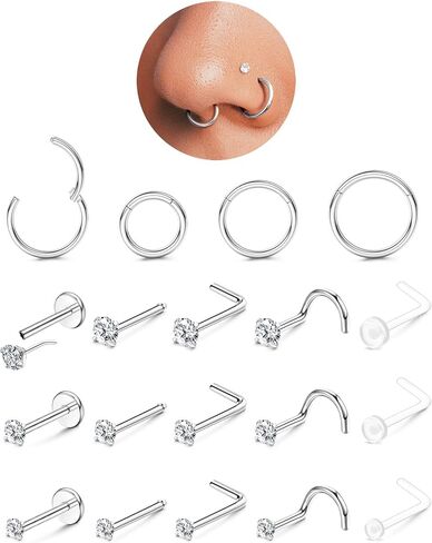 14K Gold Filled Nose Rings Studs Hoops for Women Men: 20G 18G 316L Surgical Stainless Steel Hypoallergenic Dainty Simulated Diamond L Shaped/Corkscrew/Straight/Push Back Nostril Piercing Jewelry in Saudi Arabia