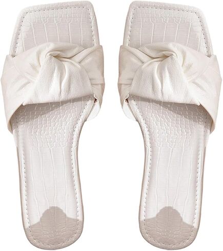 OYOANGLE Women's Metallic Sparkly Ruched Square Open Toe Side Sandals Ruched Single Band Flat Sandal in Kuwait