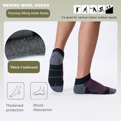 WANDER Merino Wool Breathable Running Socks 3 Pairs Athletic Ankle Sock Cushioned Support Thermal Low Cut Hiking Socks in Kuwait