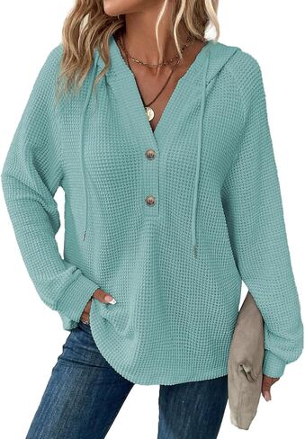 Dokotoo Hoodies for Women Waffle Knit Long Sleeve Drawstring Button V Neck Casual Pullover Sweatshirt Hooded Tops in Saudi Arabia