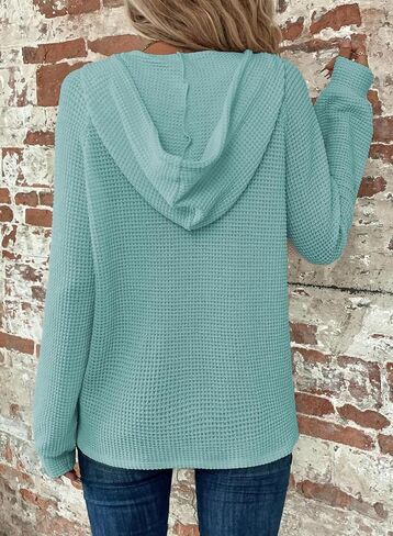 Dokotoo Hoodies for Women Waffle Knit Long Sleeve Drawstring Button V Neck Casual Pullover Sweatshirt Hooded Tops in Saudi Arabia