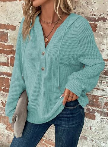 Dokotoo Hoodies for Women Waffle Knit Long Sleeve Drawstring Button V Neck Casual Pullover Sweatshirt Hooded Tops in Saudi Arabia