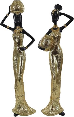 تمثال ثلاثي لوعاء الماء للنساء الأفريقيات - مجموعة منحوتات من الراتنج الذهبي المزخرف مكونة من 3 قطع، تماثيل الحياة اليومية التقليدية لديكور المنزل، هدايا فنية ثقافية أفريقية للتدفئة المنزلية/المكتب in Kuwait