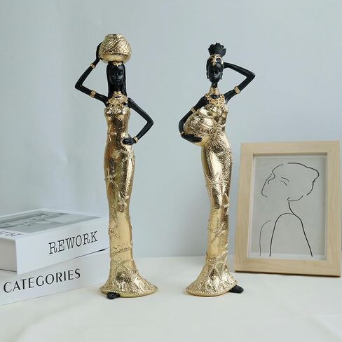 تمثال ثلاثي لوعاء الماء للنساء الأفريقيات - مجموعة منحوتات من الراتنج الذهبي المزخرف مكونة من 3 قطع، تماثيل الحياة اليومية التقليدية لديكور المنزل، هدايا فنية ثقافية أفريقية للتدفئة المنزلية/المكتب in Kuwait