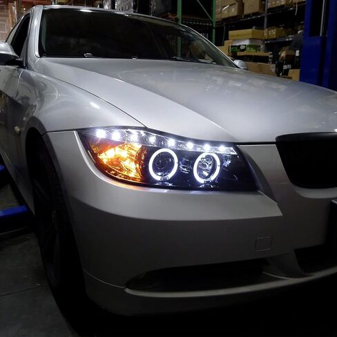 SPEC-D TUNING Black Smoke Projector Headlights + Top LED Strip Compatible with 2006-2008 BMW E90 3-Series 4 Door Sedan, Left + Right Pair Headlamps Assembly in Saudi Arabia