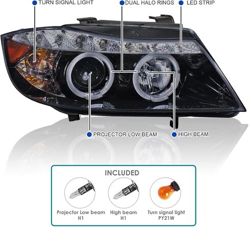 SPEC-D TUNING Black Smoke Projector Headlights + Top LED Strip Compatible with 2006-2008 BMW E90 3-Series 4 Door Sedan, Left + Right Pair Headlamps Assembly in Saudi Arabia