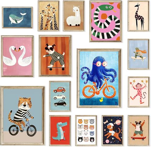 Aroutde 16Pcs Cartoon Animal Canvas Wall Art Nursery Room Funny Animal Pictures Octopus Tiger on Bikes Dog Turtle Skateboard Posters for Toddler Baby Kids Bedroom Playful Nursery Playroom Decor in Saudi Arabia