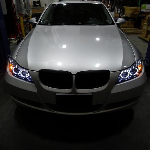SPEC-D TUNING Black Smoke Projector Headlights + Top LED Strip Compatible with 2006-2008 BMW E90 3-Series 4 Door Sedan, Left + Right Pair Headlamps Assembly in Saudi Arabia