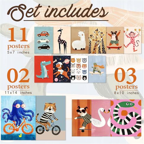 Aroutde 16Pcs Cartoon Animal Canvas Wall Art Nursery Room Funny Animal Pictures Octopus Tiger on Bikes Dog Turtle Skateboard Posters for Toddler Baby Kids Bedroom Playful Nursery Playroom Decor in Saudi Arabia